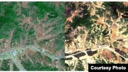 북한 평양 지역 산림 위성사진을 분석한 결과 2005년(왼쪽)에 비해 2012년(오른쪽) 녹지가 급격히 줄어들고, 산림황폐화가 이미 상당부분 진행 중인 것으로 확인됐다. 한국 산림청이 공개한 평양 지역 산림 위성사진. (자료사진)