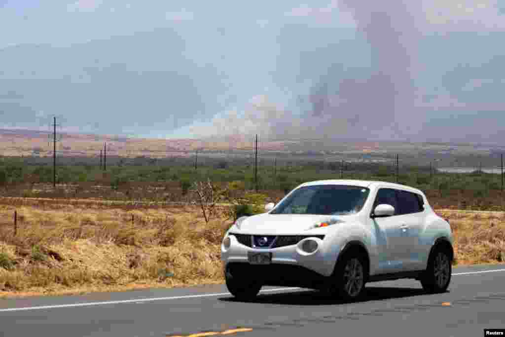 A view of wildfires near Kihei due to high winds in Maui from Kahului, Hawaii, Aug. 9, 2023.