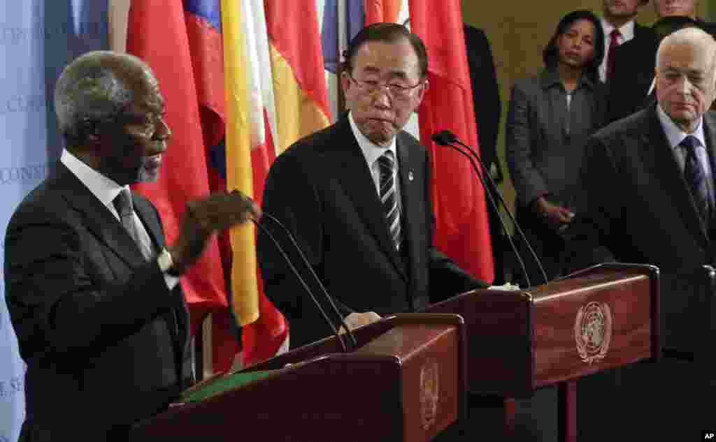 U.N. Secretary-General Ban Ki-moon, U.N. Ambassador Susan Rice and Arab League Secretary General Dr. Nabil El Araby listen as Kofi Annan speaks after Security Council consultations, New York, June 7, 2012.