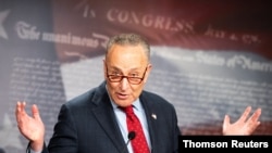 척 슈머 미 상원 민주당 대표가 지난달 25일 기자회견을 열고있다. (자료사진)