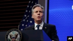 토니 블링컨 미 국무장관이 14일 워싱턴 D.C.의 싱크탱크 애틀랜틱 카운슬에서 중동 정책에 관해 연설하고 있다.