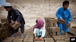 រូបភាពឯកសារ៖ កុមារ​អាហ្វហ្គានីស្ថាន​កំពុង​រៀប​ដុំឥដ្ឋ​​នៅ​ទីក្រុង Jalalabad កាលពី​ថ្ងៃ​ទី​១៧ ធ្នូ​ ២០១៣។